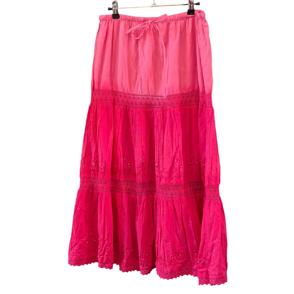 Vintage Bobbie Brooks Pink Ombre Maxi Skirt Boho Peasant Festival Sequin Lace